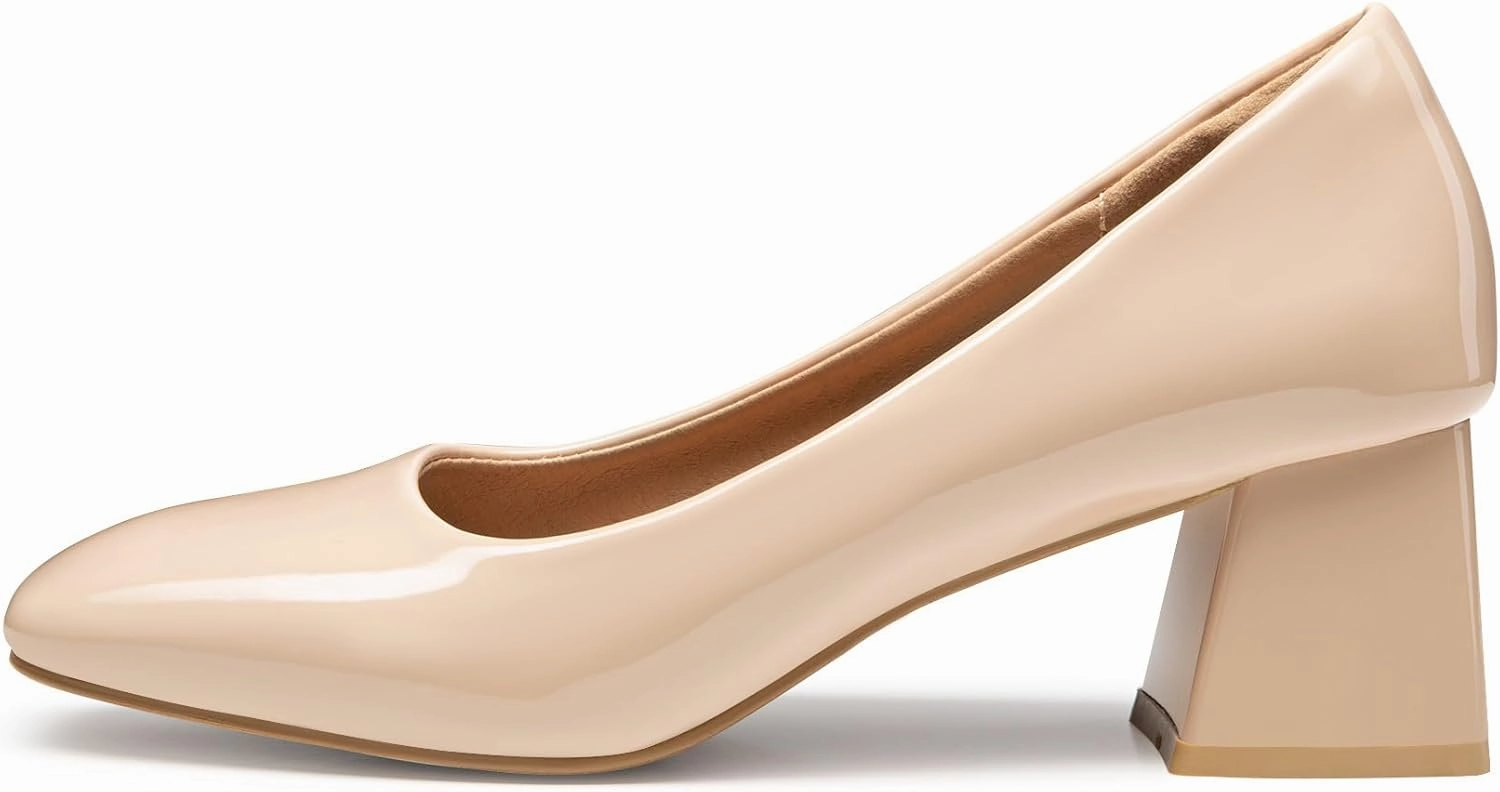 Heel The World Women's Pumps,Low Chunky Block Heels,Square Toe Patent Women Dress Shoes for Party Office