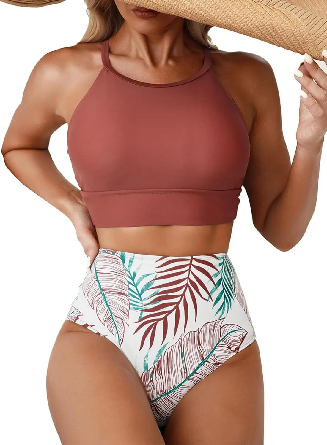 Herseas Women's Bikini Sets High Neck Tropical Leaf Print High Waisted Two Pieces Swimsuits Bathing Suits