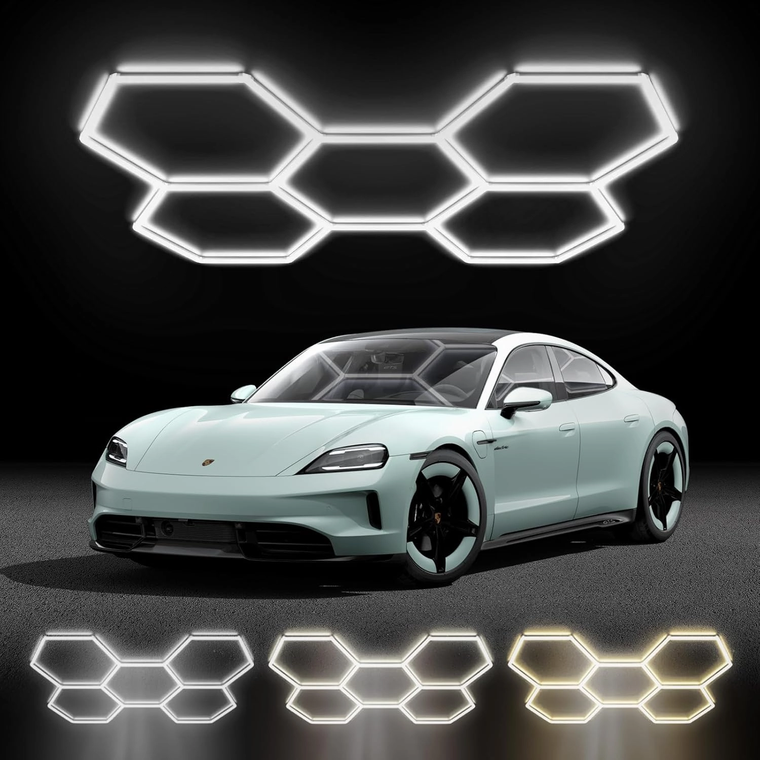 Hexagon LED Shop Lights with 3 Color Temperatures (6500K/4000K/3000K), 192W 23040LM Garage Ceiling Lights, Hardwire or Plug-in, IP62 Waterproof, Flicker-Free, Expandable DIY Design, 5 Grids