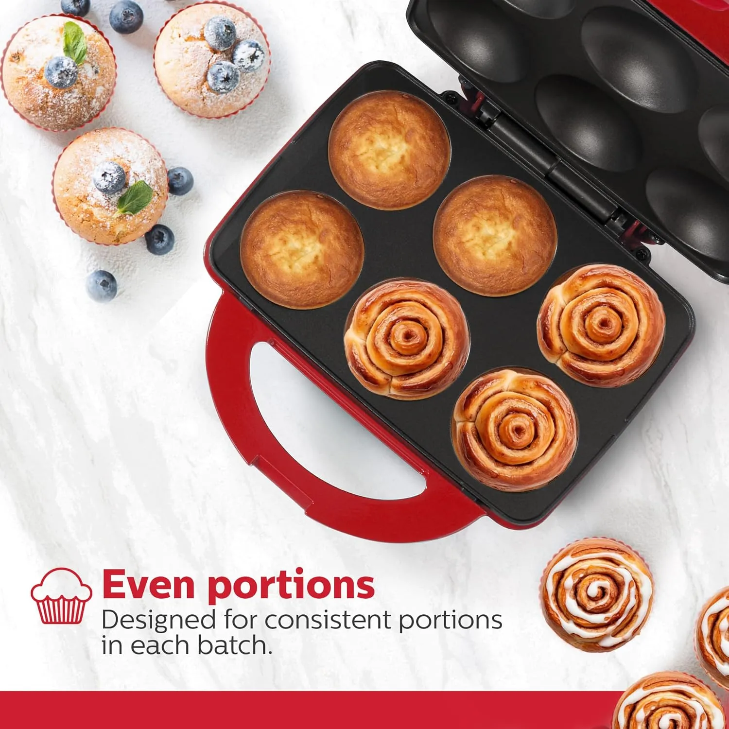 Holstein Housewares - Non-Stick Cupcake Maker, Red - Makes 6 Cup Cakes, Muffins, Cinnamon Buns, and more