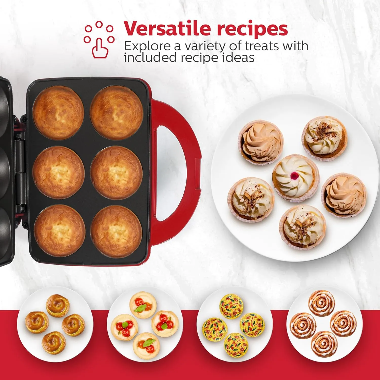 Holstein Housewares - Non-Stick Cupcake Maker, Red - Makes 6 Cup Cakes, Muffins, Cinnamon Buns, and more