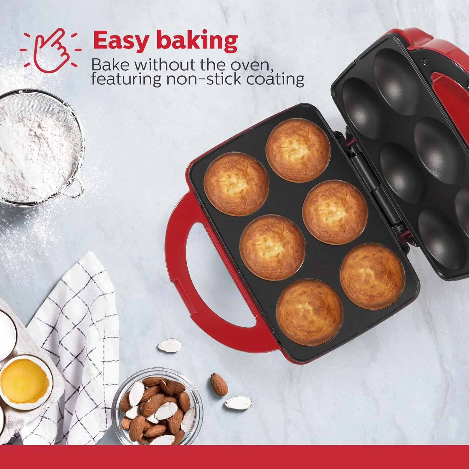 Holstein Housewares - Non-Stick Cupcake Maker, Red - Makes 6 Cup Cakes, Muffins, Cinnamon Buns, and more