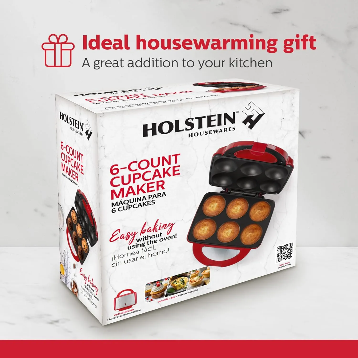 Holstein Housewares - Non-Stick Cupcake Maker, Red - Makes 6 Cup Cakes, Muffins, Cinnamon Buns, and more
