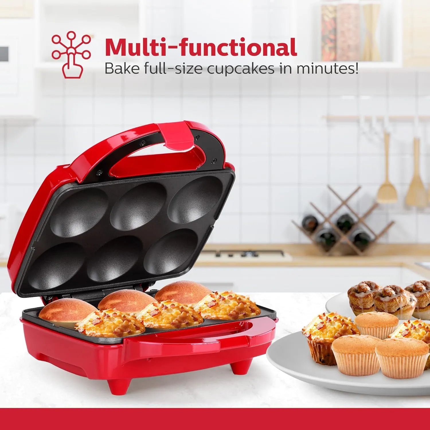 Holstein Housewares - Non-Stick Cupcake Maker, Red - Makes 6 Cup Cakes, Muffins, Cinnamon Buns, and more