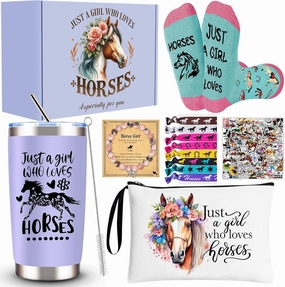 Horse Lover Gifts for Girls, 7 Pcs Horse Stuff Cool Gifts for Horse Lovers with 20 Oz Tumbler Socks Makeup Bag Bracelet Stickers Hair Accessories, Birthday, Christmas Gifts for Horse Lover