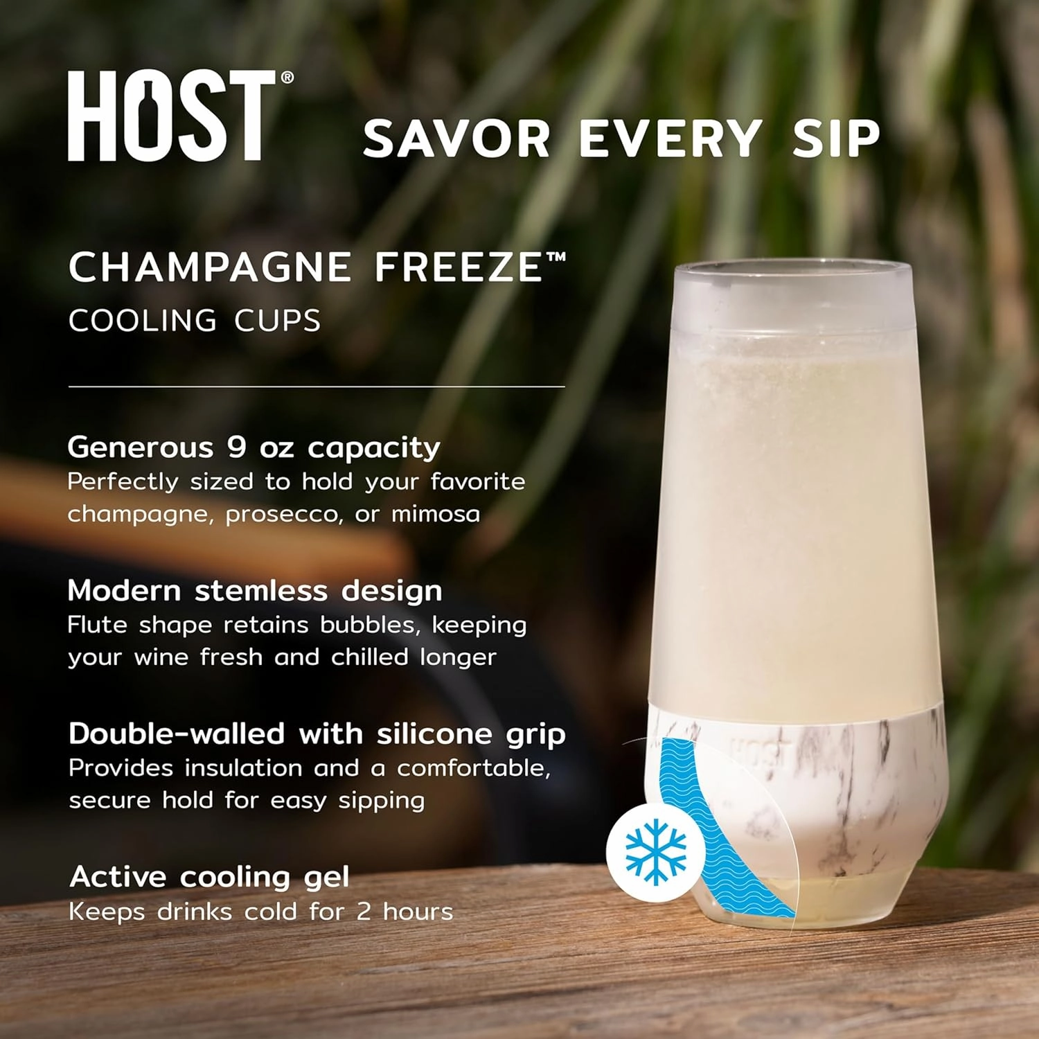 Host Champagne Freeze Stemless Chilling Wine Glasses, 9oz Set of 2, Freezer Cooling Cups, Insulated Flute Gifts for Women, For Mimosas, Prosecco and Bubbly, Marble