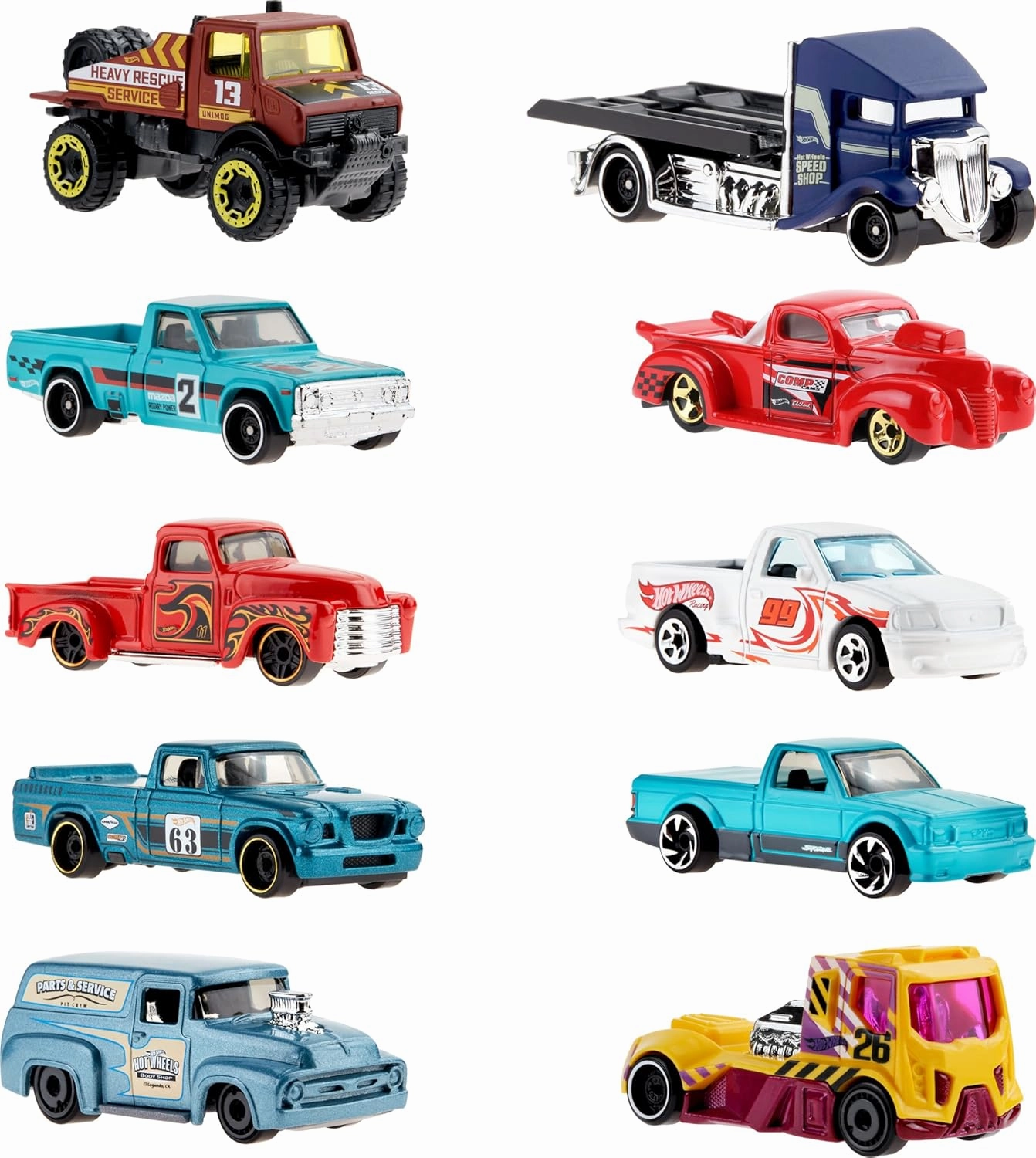 Hot Wheels 10-Pack, Set of 10 Toy Trucks in 1:64 Scale, Mix of Officially Licensed & Unlicensed Pick-Ups, Rescue or Semis (Styles May Vary)