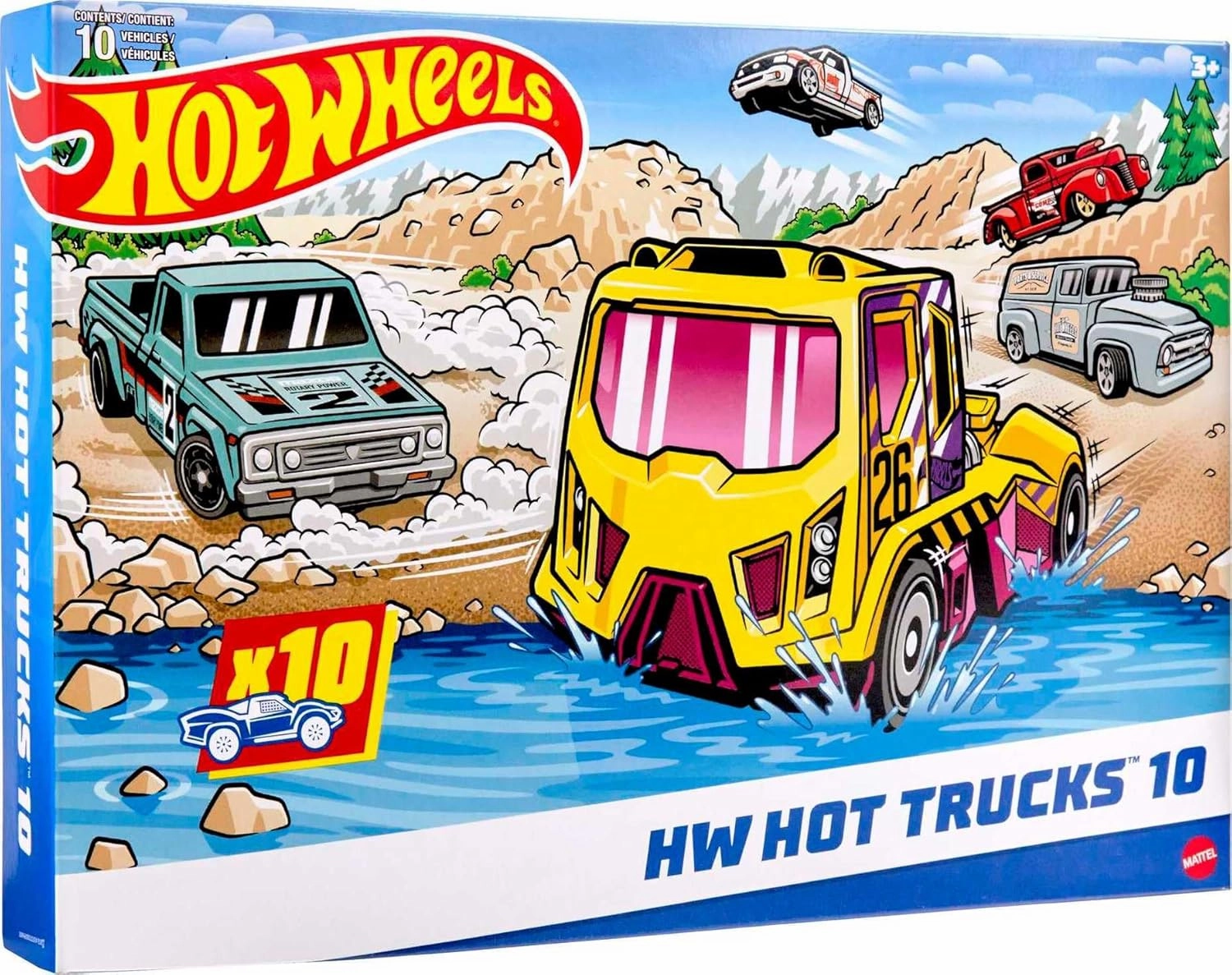 Hot Wheels 10-Pack, Set of 10 Toy Trucks in 1:64 Scale, Mix of Officially Licensed & Unlicensed Pick-Ups, Rescue or Semis (Styles May Vary)