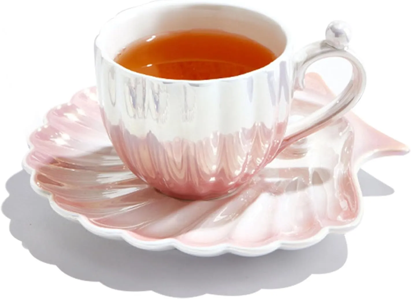 HwaGui Pearl Shell Cup and Saucer - 8oz Gradient Ceramic Coffee Mug, Vintage Tea, Cappuccino, Latte Art for Birthday Gift (Gradient Pink)