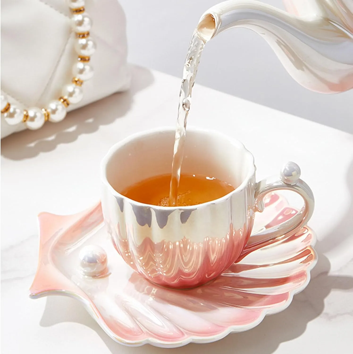 HwaGui Pearl Shell Cup and Saucer - 8oz Gradient Ceramic Coffee Mug, Vintage Tea, Cappuccino, Latte Art for Birthday Gift (Gradient Pink)