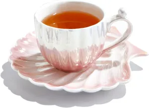 HwaGui Pearl Shell Cup and Saucer - 8oz Gradient Ceramic Coffee Mug, Vintage Tea, Cappuccino, Latte Art for Birthday Gift (Gradient Pink)