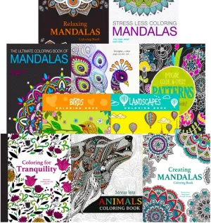 Idea Liftoff 10 Pack Adult Coloring Book Super Set - 10 Advanced Coloring Books for Women & Men, Featuring Mandalas & More