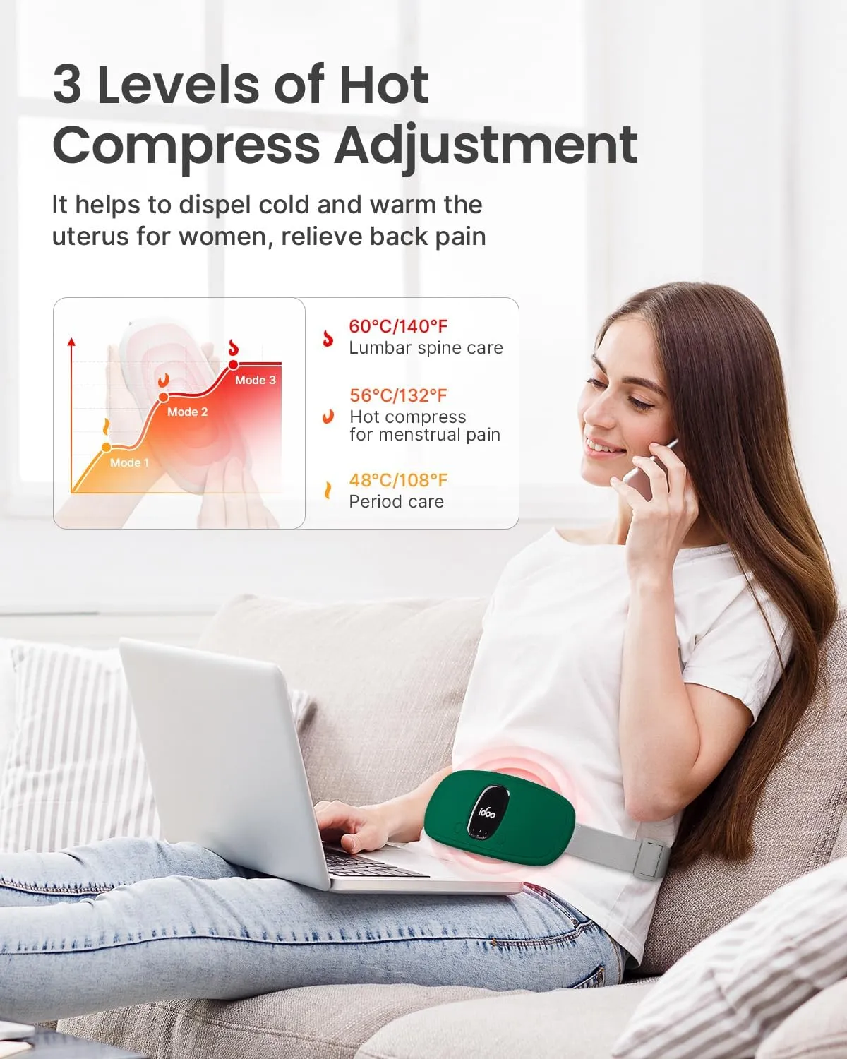 iDOO Travel Heating Pad, FSA HSA Eligible, Portable Heating Pad for Period Cramps with 3 Heat Levels and 3 Massage Modes, Menstrual Heating Pads for Women, Gifts for Girlfriend Mom Wife Women (Green)