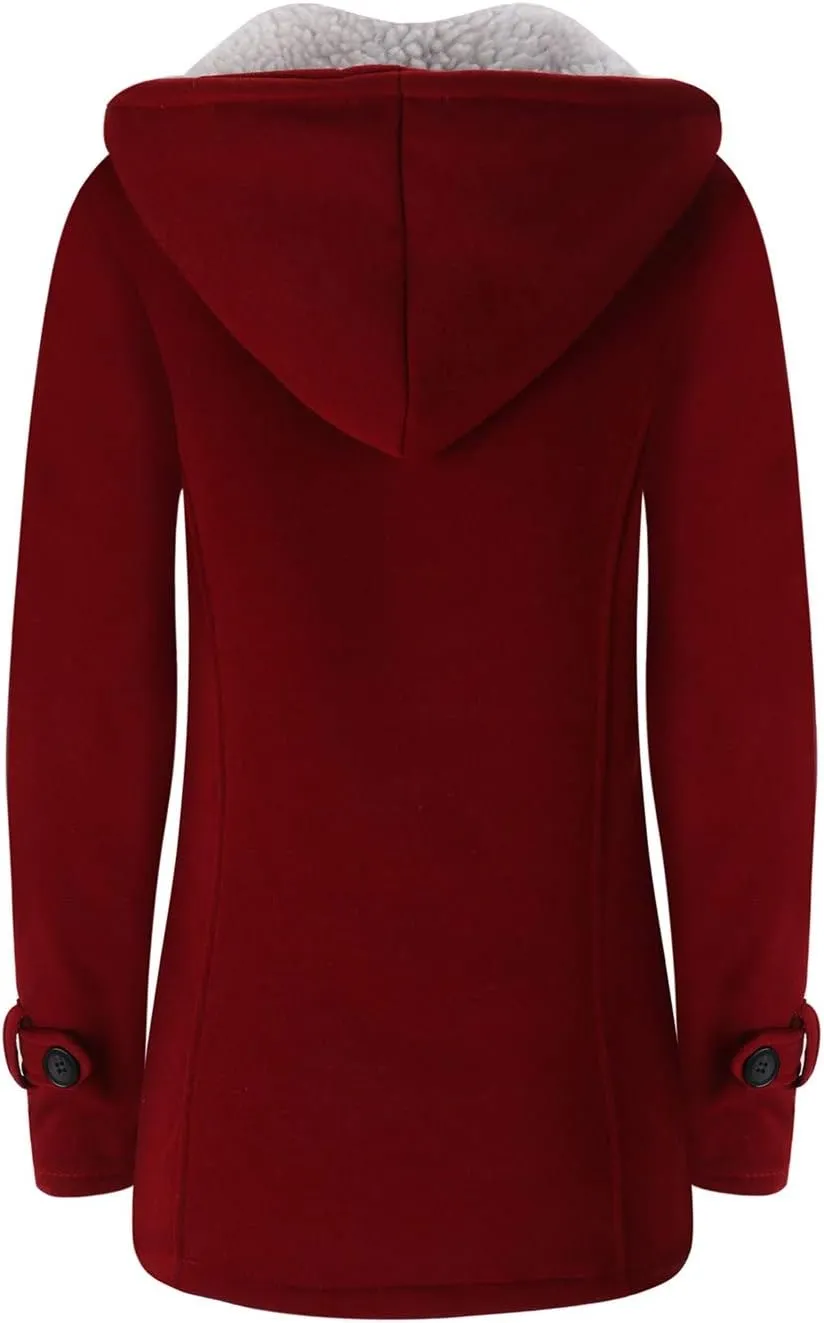 JiangWu Womens Fashion Horn Button Fleece Thicken Coat with Hood Winter Warm Jacket