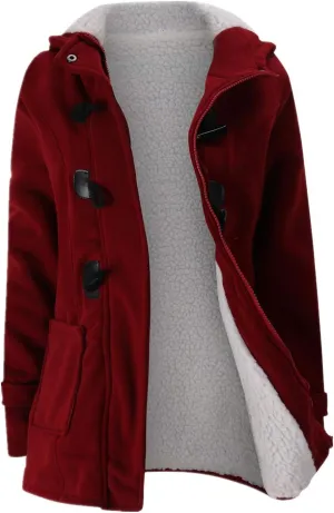 JiangWu Womens Fashion Horn Button Fleece Thicken Coat with Hood Winter Warm Jacket