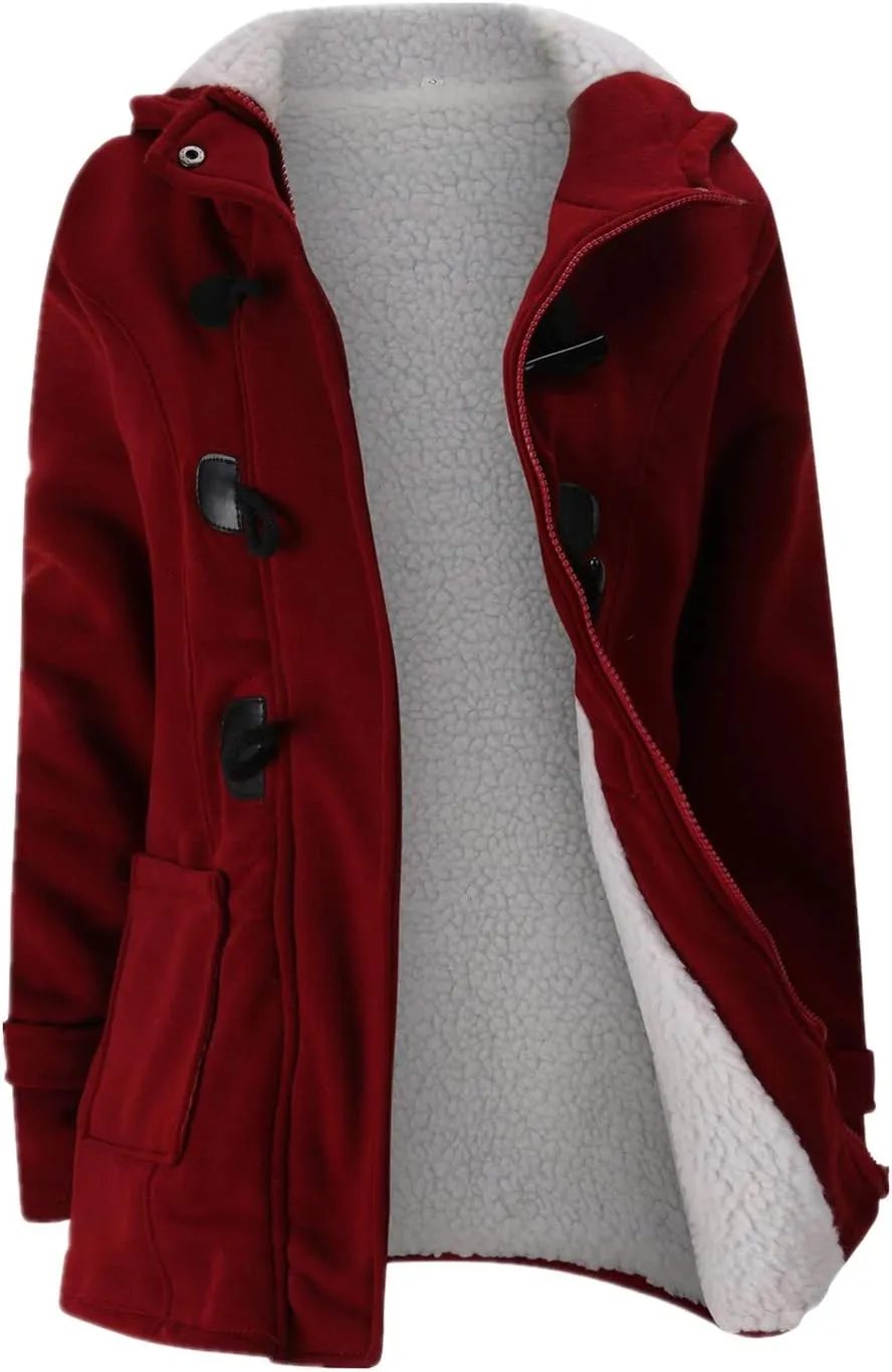 JiangWu Womens Fashion Horn Button Fleece Thicken Coat with Hood Winter Warm Jacket
