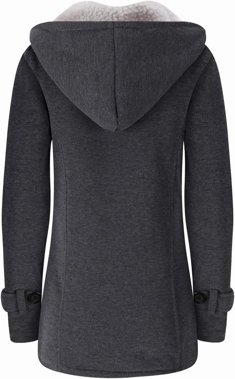 JiangWu Womens Fashion Horn Button Fleece Thicken Coat with Hood Winter Warm Jacket