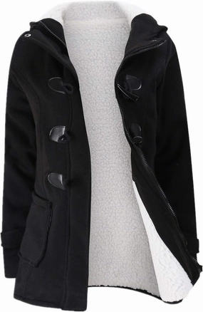 JiangWu Womens Fashion Horn Button Fleece Thicken Coat with Hood Winter Warm Jacket