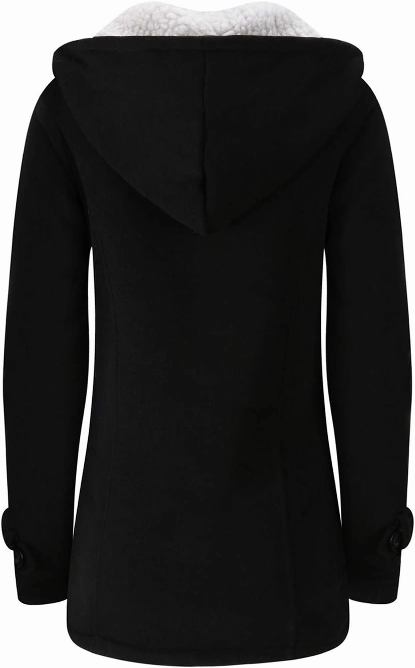 JiangWu Womens Fashion Horn Button Fleece Thicken Coat with Hood Winter Warm Jacket