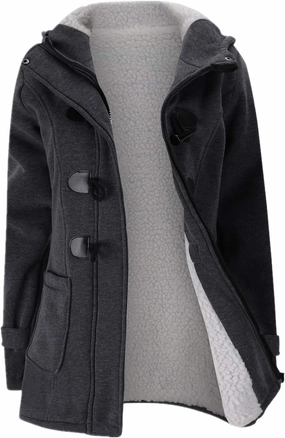 JiangWu Womens Fashion Horn Button Fleece Thicken Coat with Hood Winter Warm Jacket