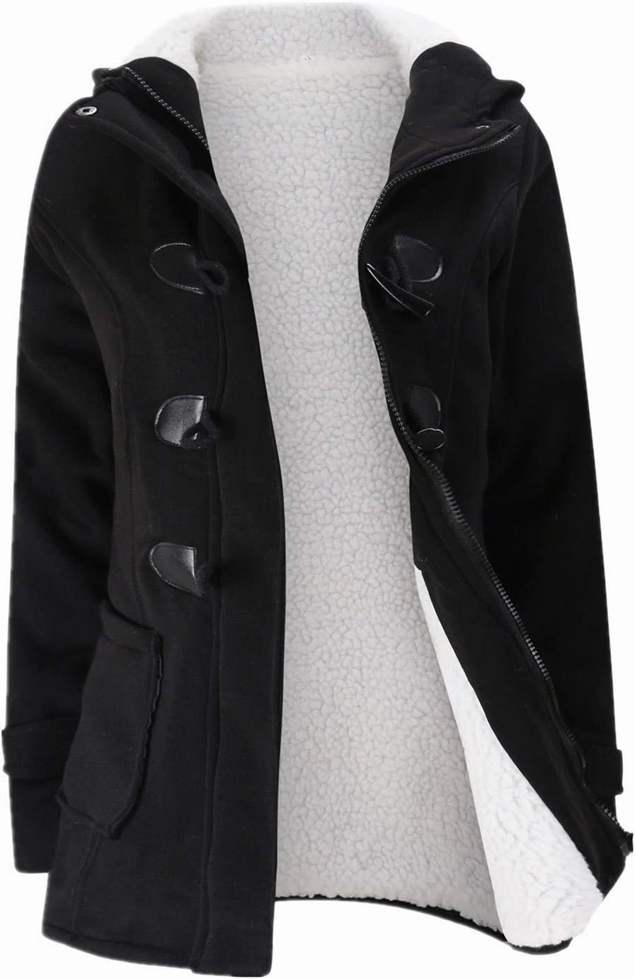 JiangWu Womens Fashion Horn Button Fleece Thicken Coat with Hood Winter Warm Jacket