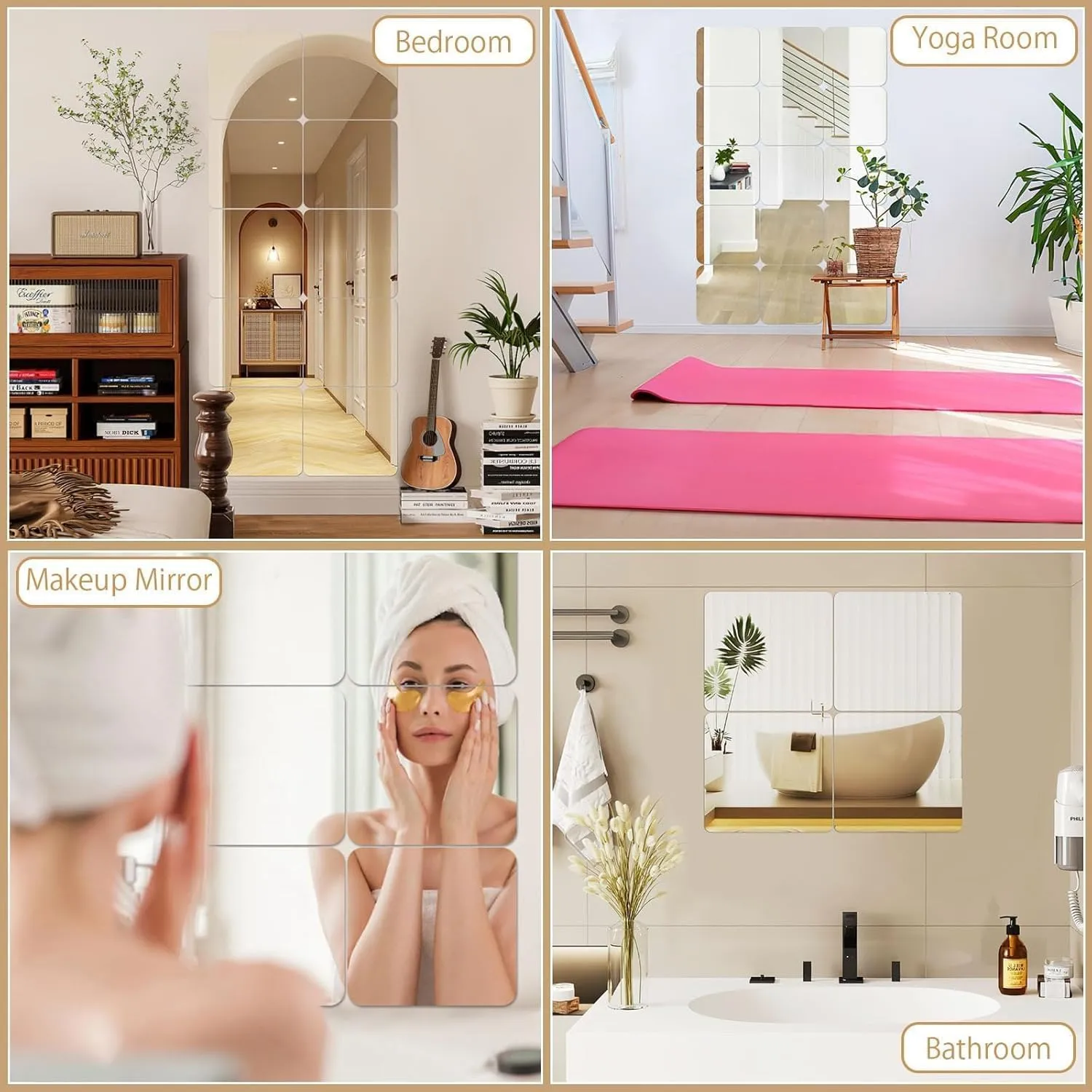 JUNEBRUSHS 18Pack Self Adhesive Acrylic Mirrors, 8 x 8 Inch Mirror Tiles Decor,Frameless Over Door Mirrors Sheets Wall Stickers for Wall Mounted Make Up Gym Dressing