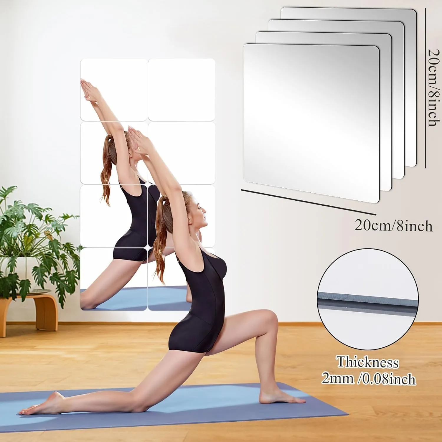 JUNEBRUSHS 18Pack Self Adhesive Acrylic Mirrors, 8 x 8 Inch Mirror Tiles Decor,Frameless Over Door Mirrors Sheets Wall Stickers for Wall Mounted Make Up Gym Dressing