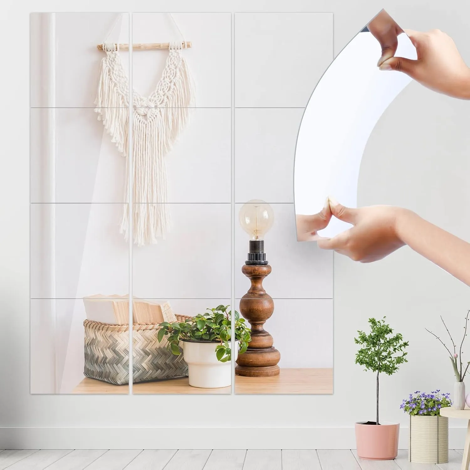 JUNEBRUSHS 18Pack Self Adhesive Acrylic Mirrors, 8 x 8 Inch Mirror Tiles Decor,Frameless Over Door Mirrors Sheets Wall Stickers for Wall Mounted Make Up Gym Dressing