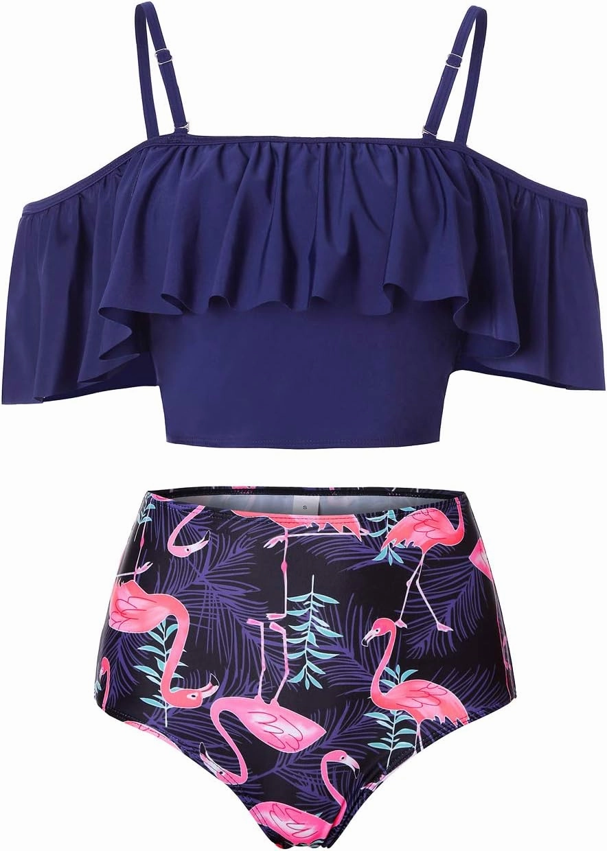 Kaei&Shi High Waisted Flounce Bikini Set,Tummy Control Swimsuits for Women,Off Shoulder