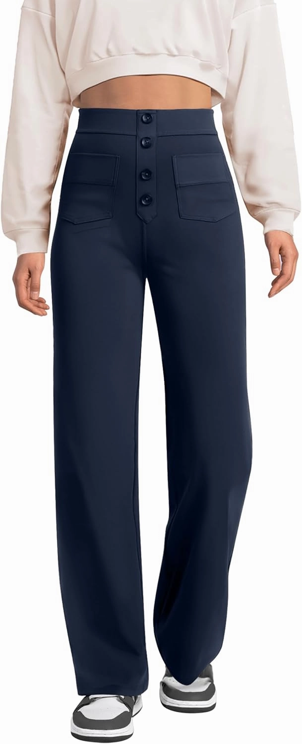 keriffe Women's Straight Leg Pants High Waisted Button Stretchy Business Work Casual Trousers Multiple Pockets