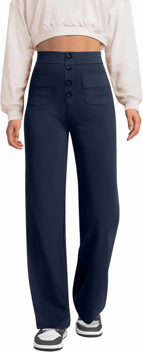 keriffe Women's Straight Leg Pants High Waisted Button Stretchy Business Work Casual Trousers Multiple Pockets