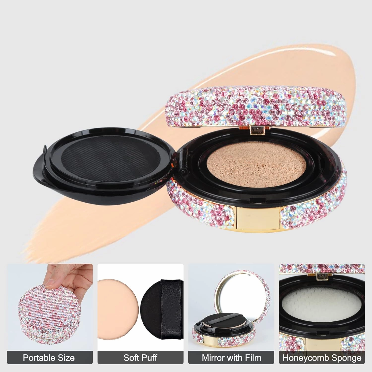 KEYPOWER Makeup Powder Compact Empty Container with Bling Diamond Design, Pink, for Home, Travel/On-the-go, Professional Use