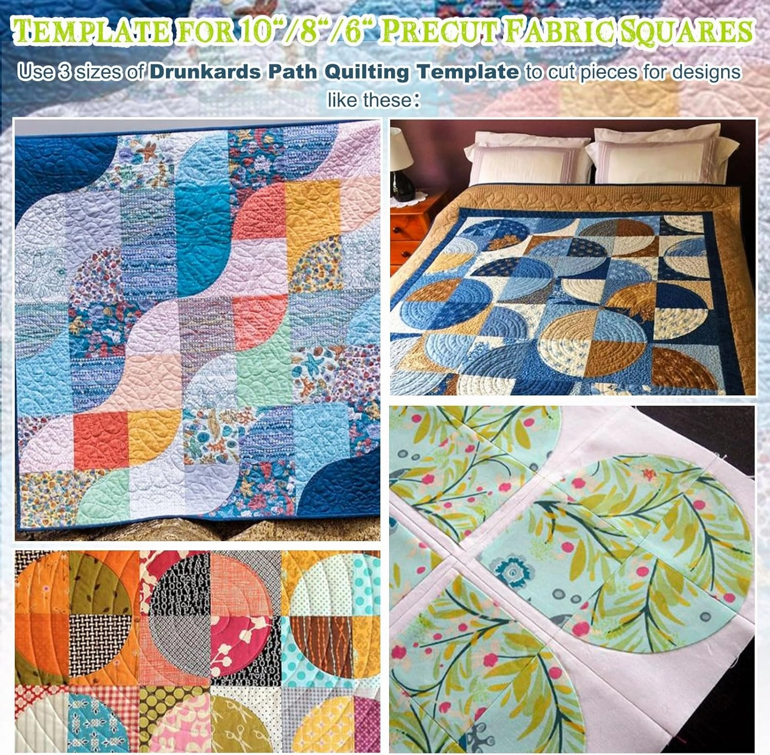Kigley 3 Set Drunkards Path Quilting Templates Large Quilting Rulers and Templates for Cutting Patterns with 1/4" Seam Allowance Supplies for DIY Craft(Green,10 x 8 x 6'')