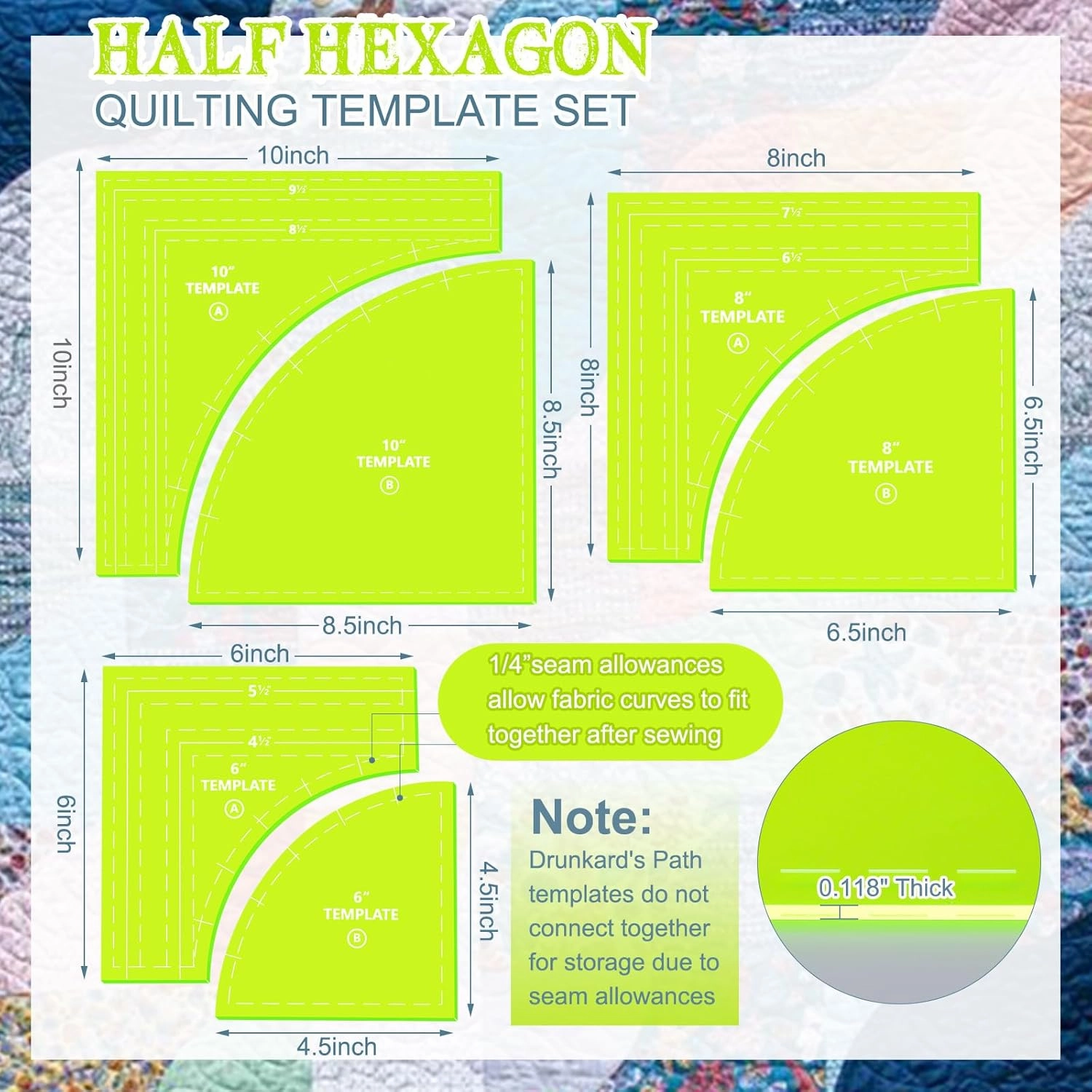 Kigley 3 Set Drunkards Path Quilting Templates Large Quilting Rulers and Templates for Cutting Patterns with 1/4" Seam Allowance Supplies for DIY Craft(Green,10 x 8 x 6'')