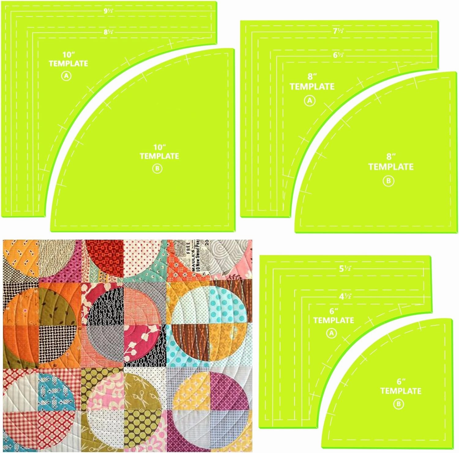 Kigley 3 Set Drunkards Path Quilting Templates Large Quilting Rulers and Templates for Cutting Patterns with 1/4" Seam Allowance Supplies for DIY Craft(Green,10 x 8 x 6'')