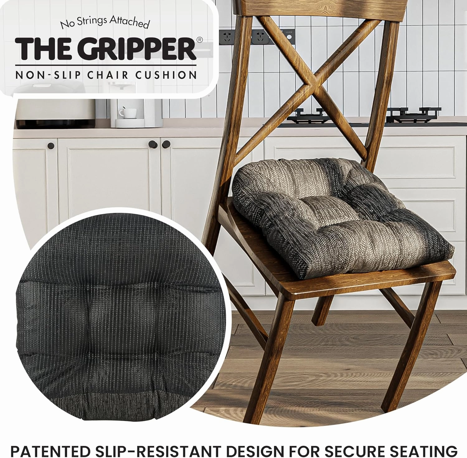 Klear Vu Gripper Overstuffed Universal Non-Slip Dining Chair Cushions for Kitchen Decor or Office Use, U-Shaped Skid-Proof Seat Pad, 17x17 Inches, 2 Count (Pack of 1), Chenille Black
