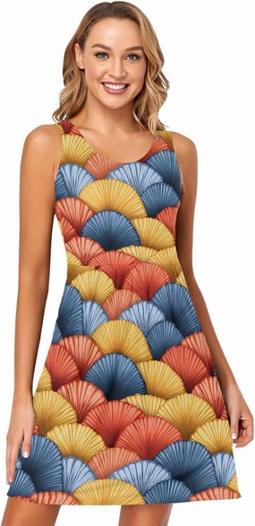 KLL Hand Drawn Cute Japanese Fans Women Tank Midi Dress Swing A-Line Holiday Flowy Sundress Casual