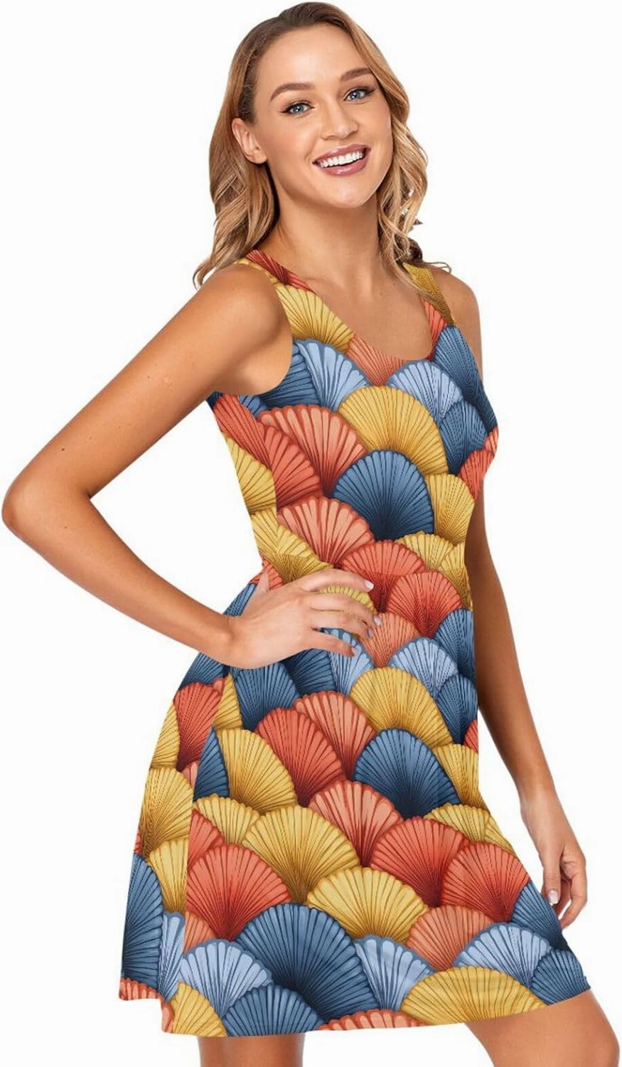 KLL Hand Drawn Cute Japanese Fans Women Tank Midi Dress Swing A-Line Holiday Flowy Sundress Casual