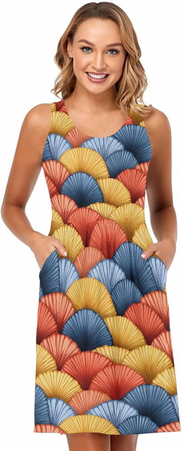 KLL Hand Drawn Cute Japanese Fans Women Tank Midi Dress Swing A-Line Holiday Flowy Sundress Casual