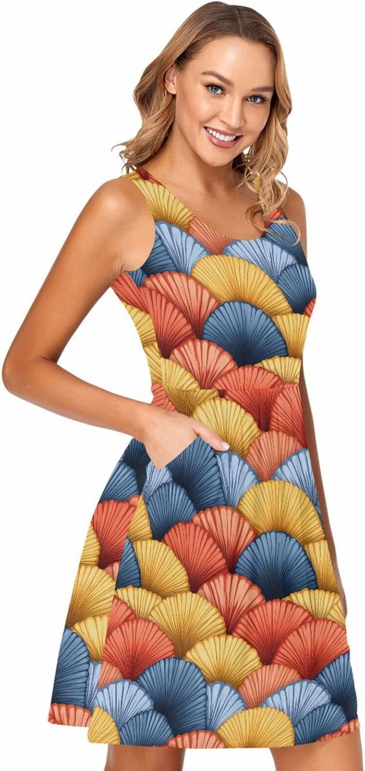 KLL Hand Drawn Cute Japanese Fans Women Tank Midi Dress Swing A-Line Holiday Flowy Sundress Casual