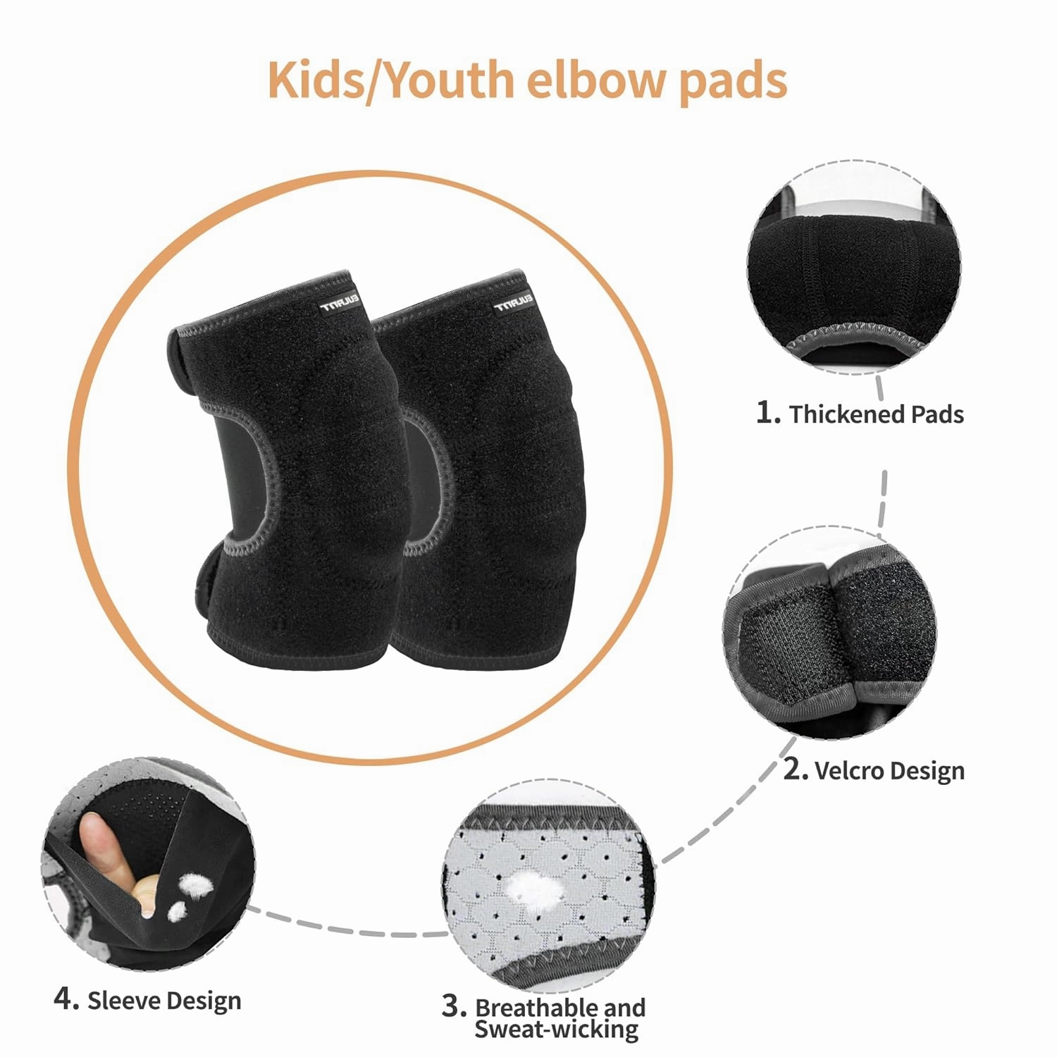Knee Pads Elbow Pads Set for Kids, Youth Adjustable Knee Elbow Pads Protective Sets with Thickened SBR Pads for Riding Rollerblading Skating Skateboarding Snowboarding Volleyball(Black)