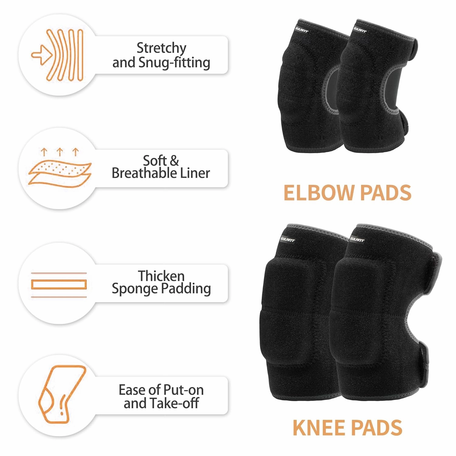 Knee Pads Elbow Pads Set for Kids, Youth Adjustable Knee Elbow Pads Protective Sets with Thickened SBR Pads for Riding Rollerblading Skating Skateboarding Snowboarding Volleyball(Black)