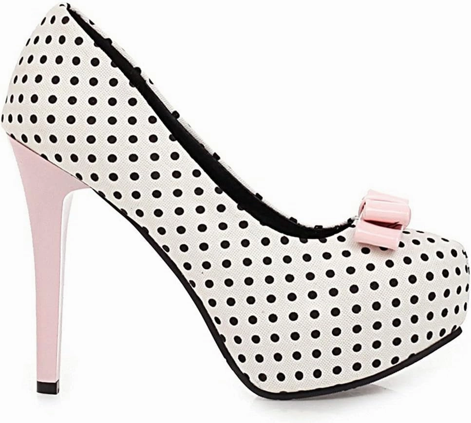 KOKOMOMO Womens Polka Dot High Heels Round Toe Platform Stiletto Pumps with Bows