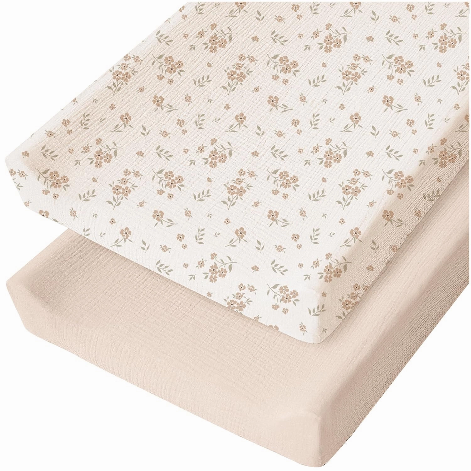 Konssy Muslin Changing Pad Cover for Baby Girls Boys, 100% Cotton Fitted Diaper Chang Table Covers, Soft Breathable Changing Pad Sheets, 2 Pack (Blossom, Cream)