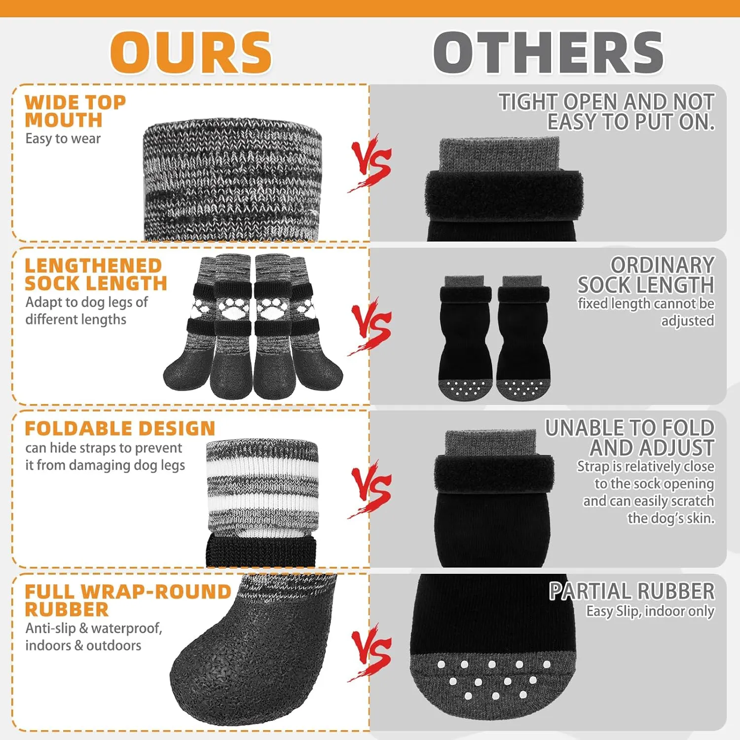 KOOLTAIL Anti Slip Dog Socks to Prevent Licking Paws for Hot/Clod Pavement,Waterproof Long Snow Dog Boots&Paw Protectors with Straps Traction Control for Hardwood Floor for Small Medium Large DogsS