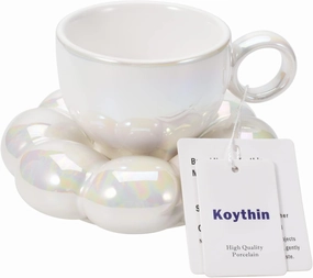 Koythin Ceramic Coffee Mug with Saucer Set, Creative Cute Cup with Sunflower Coaster for Office and Home, 6.5 oz/200 ml for Tea Latte Milk (Pearl White)