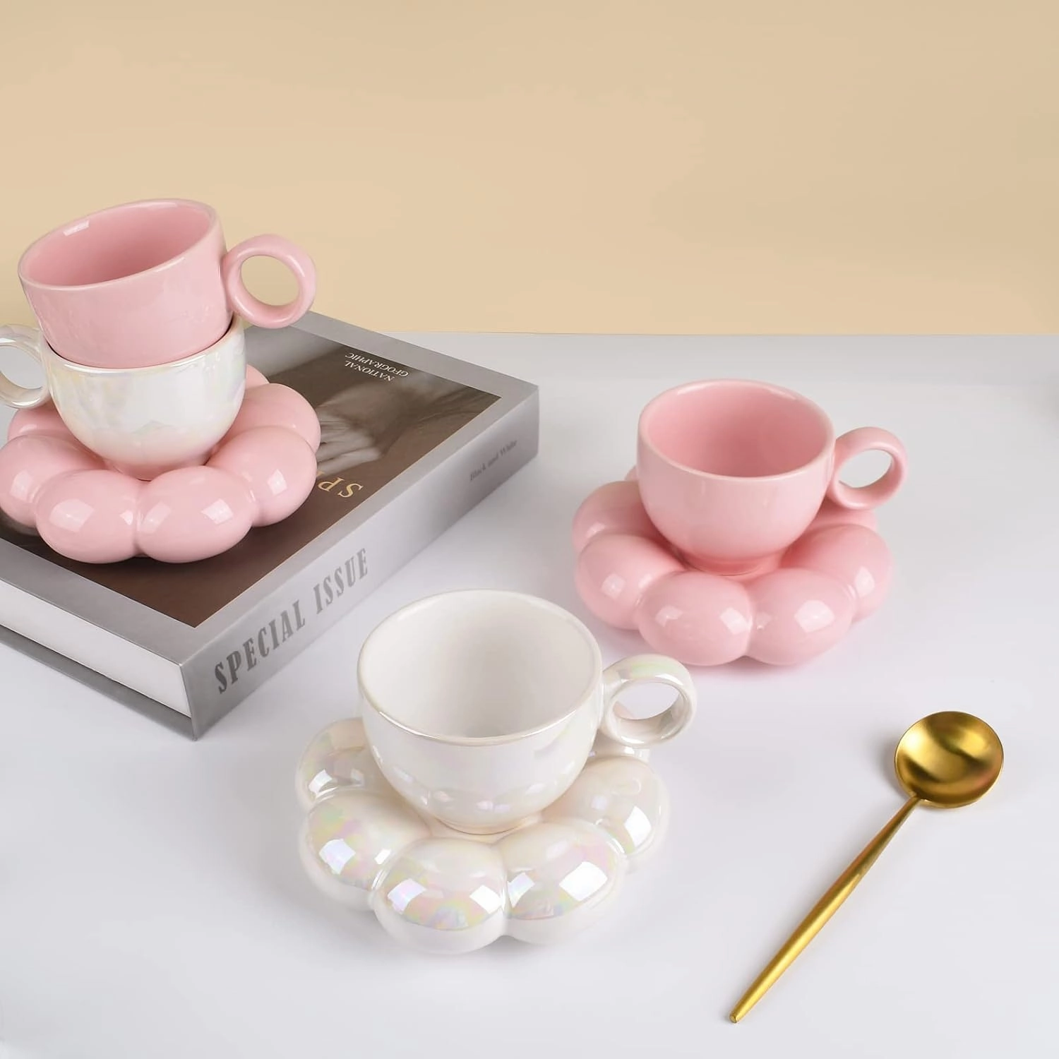 Koythin Ceramic Coffee Mug with Saucer Set, Creative Cute Cup with Sunflower Coaster for Office and Home, 6.5 oz/200 ml for Tea Latte Milk (Pearl White)