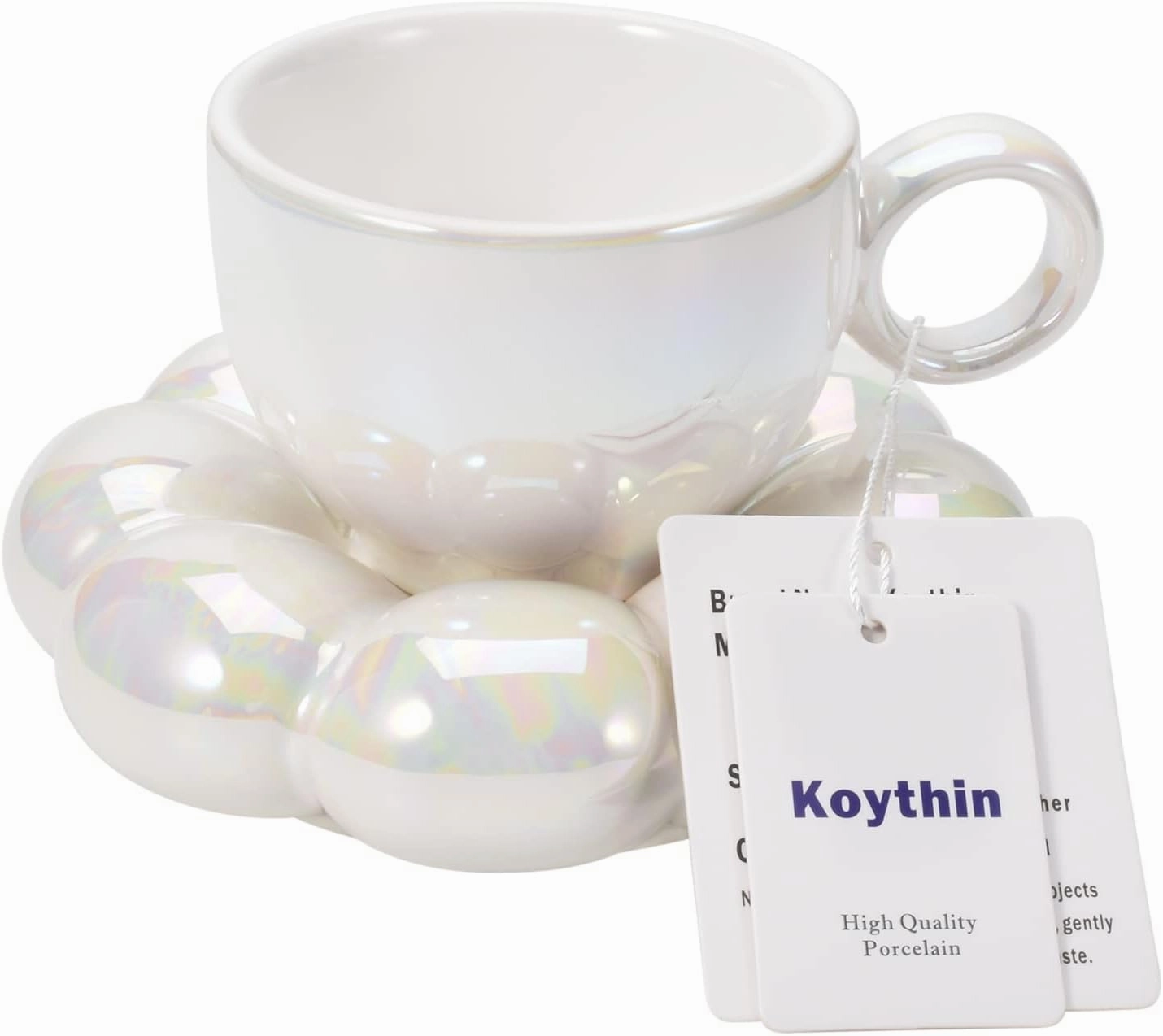 Koythin Ceramic Coffee Mug with Saucer Set, Creative Cute Cup with Sunflower Coaster for Office and Home, 6.5 oz/200 ml for Tea Latte Milk (Pearl White)