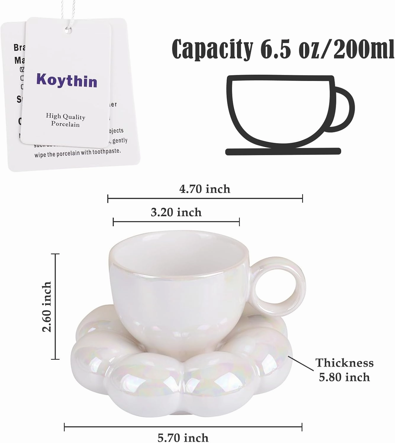Koythin Ceramic Coffee Mug with Saucer Set, Creative Cute Cup with Sunflower Coaster for Office and Home, 6.5 oz/200 ml for Tea Latte Milk (Pearl White)