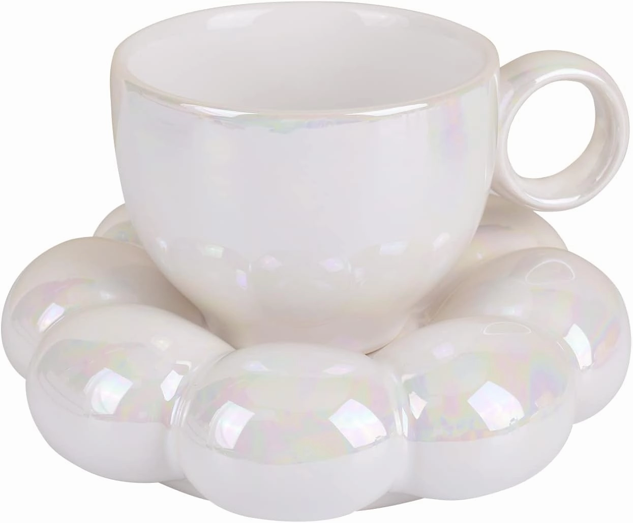 Koythin Ceramic Coffee Mug with Saucer Set, Creative Cute Cup with Sunflower Coaster for Office and Home, 6.5 oz/200 ml for Tea Latte Milk (Pearl White)